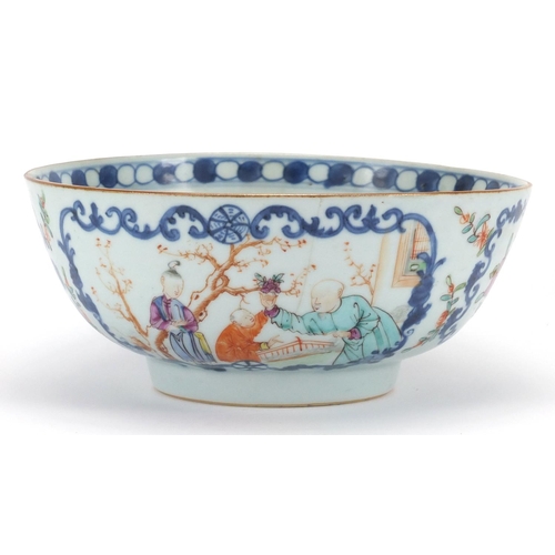 647 - Chinese porcelain mandarin bowl, hand painted in the famille rose palette with panels of figures and... 