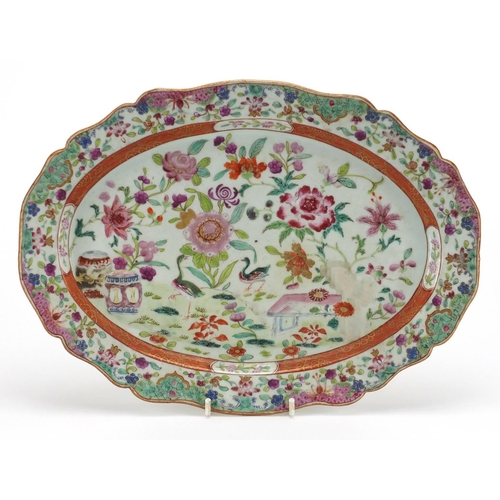 637 - 18th century Chinese Canton platter, hand painted in the famille rose palette with flowers and birds... 