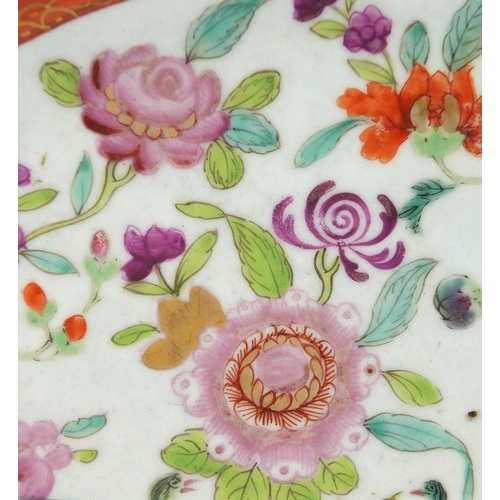 637 - 18th century Chinese Canton platter, hand painted in the famille rose palette with flowers and birds... 