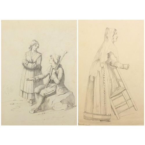 1415 - Attributed to Bartolomeo Pinelli - Italian costume illustrations, two pencil drawings, mounted unfra... 