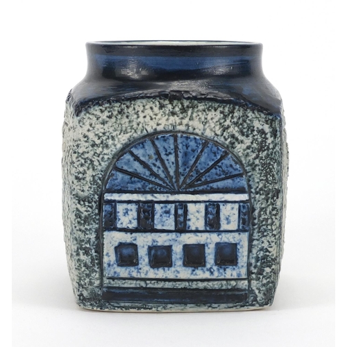 963 - Troika St Ives pottery square vase, incised and hand painted with abstract designs, painted marks to... 