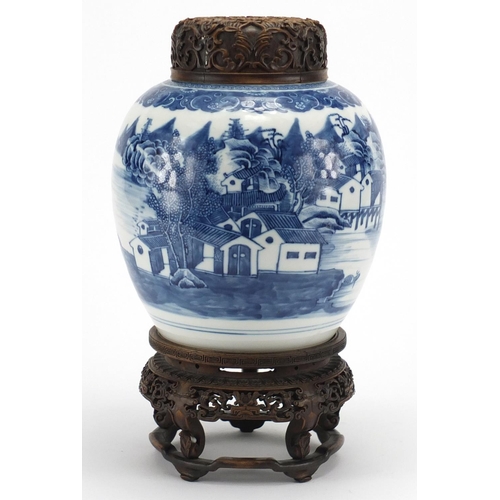 589 - Chinese blue and white porcelain ginger jar, hand painted with figures in a river landscape, with ha... 