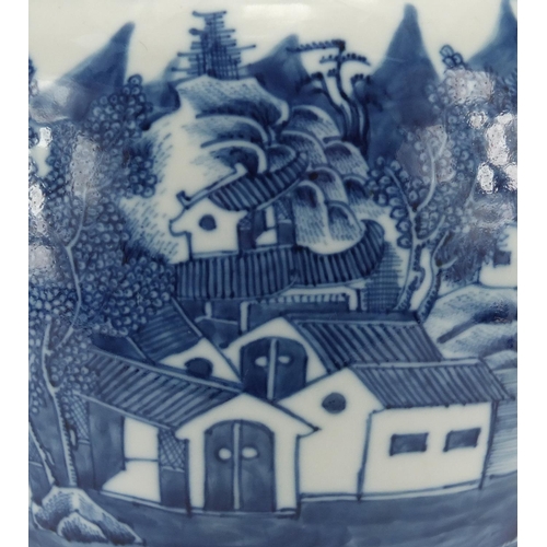 589 - Chinese blue and white porcelain ginger jar, hand painted with figures in a river landscape, with ha... 