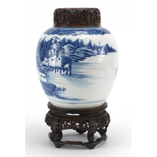 589 - Chinese blue and white porcelain ginger jar, hand painted with figures in a river landscape, with ha... 