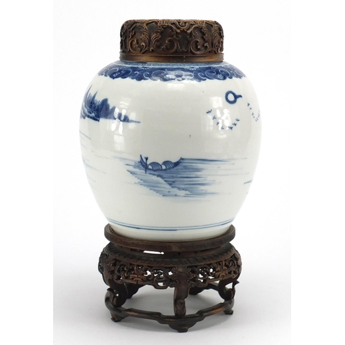 589 - Chinese blue and white porcelain ginger jar, hand painted with figures in a river landscape, with ha... 