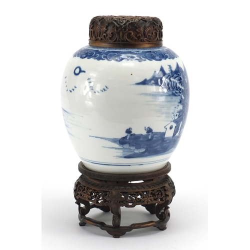 589 - Chinese blue and white porcelain ginger jar, hand painted with figures in a river landscape, with ha... 