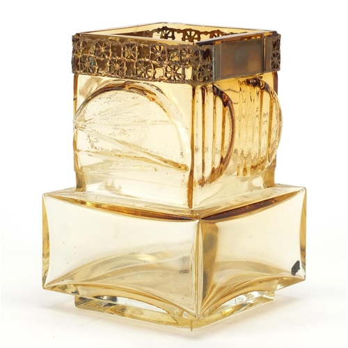 929 - Art Deco amber art glass vase with gilt metal mounts in the style of Moser, etched marks to the base... 