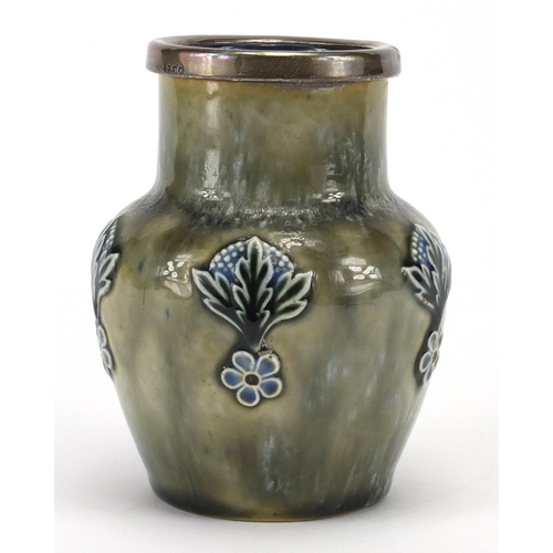 958 - Art Nouveau stoneware vase by Royal Doulton with silver rim, decorated in low relief with stylised f... 