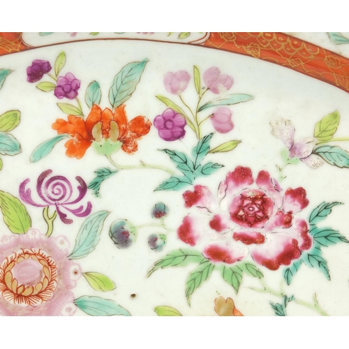 637 - 18th century Chinese Canton platter, hand painted in the famille rose palette with flowers and birds... 