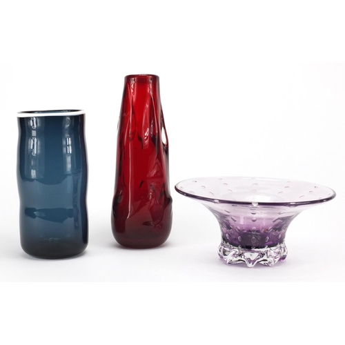 940 - Two Whitefriars glass vases, together with a purple bowl with flared rim, the vases including a gree... 