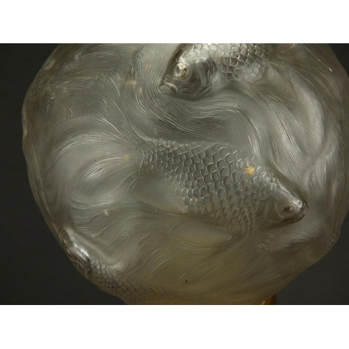 915 - René Lalique frosted glass Poisson lamp on ormolu stand, moulded R Lalique to the base, overall 33cm... 