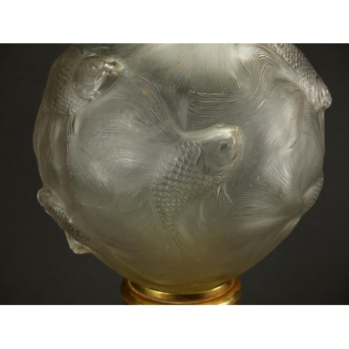 915 - René Lalique frosted glass Poisson lamp on ormolu stand, moulded R Lalique to the base, overall 33cm... 