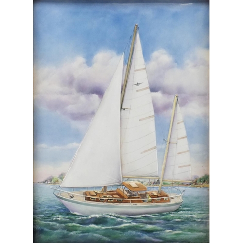 960 - Large rectangular porcelain plaque, hand painted and decorated in low relief with a sailing boat, bl... 