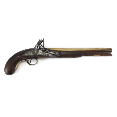 585 - 19th century flint lock pistol by Davidson, the brass barrel with engraved decoration and engraved S... 