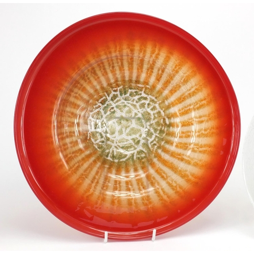 922 - Two WMF glass shallow bowls including a red and orange example, the largest 33cm in diameter