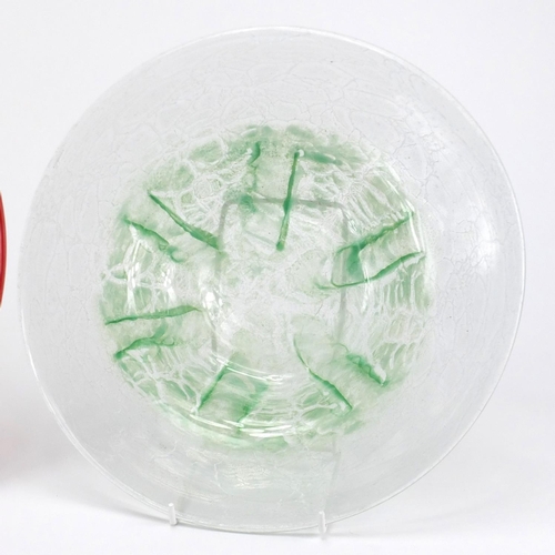 922 - Two WMF glass shallow bowls including a red and orange example, the largest 33cm in diameter