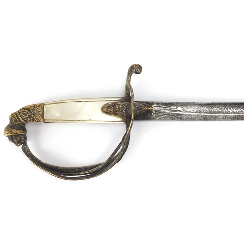 578 - Novelty antique child's dress sword with brass scabbard, Mother of Pearl grip and engraved steel bla... 