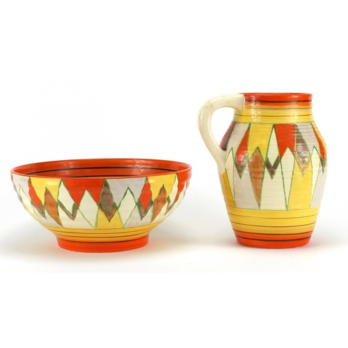 953 - Clarice Cliff Bizarre jug and bowl, each hand painted with an abstract triangle design, factory mark... 