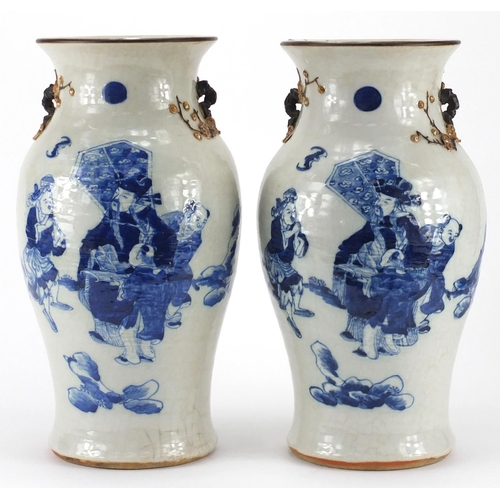 598 - Pair of Chinese crackle glaze vases, with naturalistic twin handles, each hand painted with an elder... 