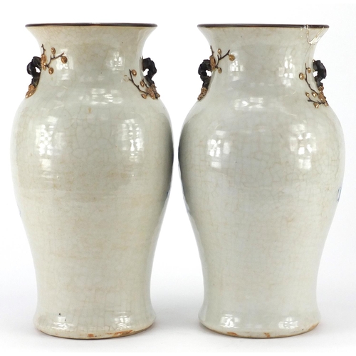 598 - Pair of Chinese crackle glaze vases, with naturalistic twin handles, each hand painted with an elder... 