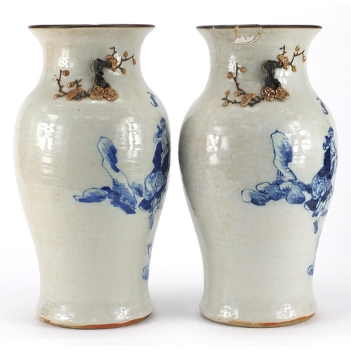 598 - Pair of Chinese crackle glaze vases, with naturalistic twin handles, each hand painted with an elder... 