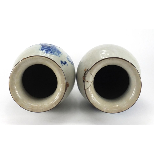 598 - Pair of Chinese crackle glaze vases, with naturalistic twin handles, each hand painted with an elder... 