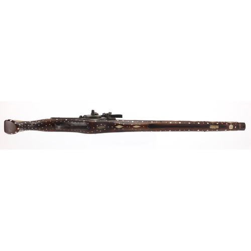 582 - Antique wheel-lock pistol with octagonal barrel, inlaid with bone and Mother of Pearl, 65cm in lengt... 