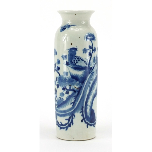 590 - Chinese blue and white porcelain vase, hand painted with birds of Paradise and flowers, 22.5cm high