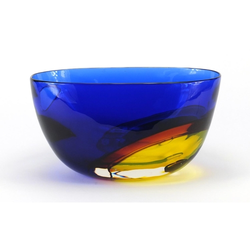 933 - Large Murano glass centre bowl by Archimede Seguso, in blue, red and yellow, etched marks to the bas... 