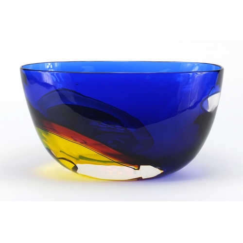 933 - Large Murano glass centre bowl by Archimede Seguso, in blue, red and yellow, etched marks to the bas... 