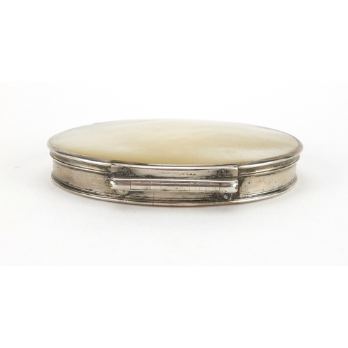 28 - 18th century oval silver and mother of pearl snuff box, 8.5cm wide