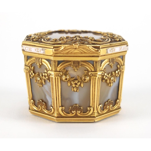 5 - 18th century French octagonal agate, gold cage work and enamel box, with architectural columns and F... 