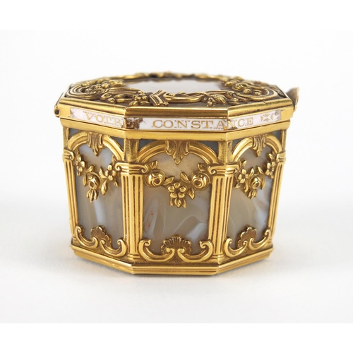 5 - 18th century French octagonal agate, gold cage work and enamel box, with architectural columns and F... 