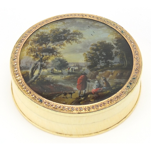 8 - 18th century circular ivory snuff box with gilt mount and red tortoiseshell lining, the lid hand pai... 