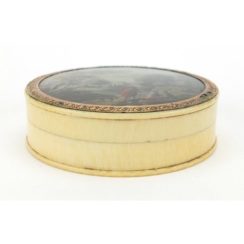 8 - 18th century circular ivory snuff box with gilt mount and red tortoiseshell lining, the lid hand pai... 