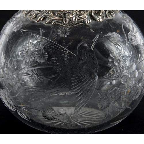 103 - Victorian silver topped Webb rock crystal scent bottle by William Comyns, finely etched with a bird ... 