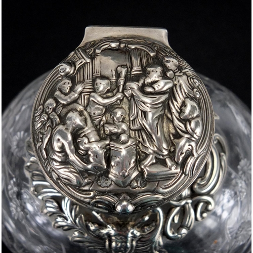 103 - Victorian silver topped Webb rock crystal scent bottle by William Comyns, finely etched with a bird ... 