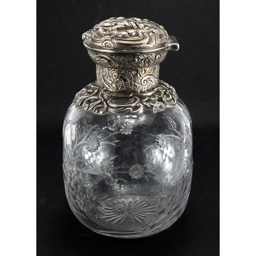 103 - Victorian silver topped Webb rock crystal scent bottle by William Comyns, finely etched with a bird ... 