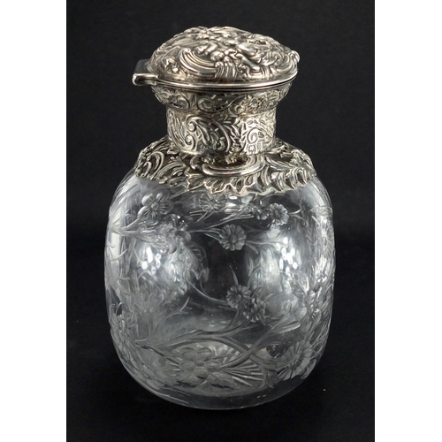103 - Victorian silver topped Webb rock crystal scent bottle by William Comyns, finely etched with a bird ... 