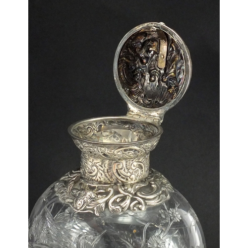 103 - Victorian silver topped Webb rock crystal scent bottle by William Comyns, finely etched with a bird ... 