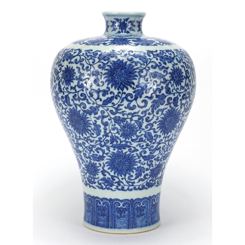 591 - Large Chinese blue and white porcelain meiping vase, hand painted with flower heads amongst foliate ... 