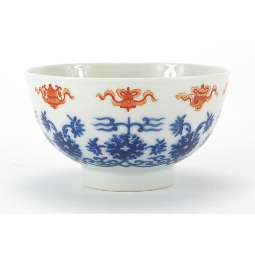 594 - Chinese porcelain footed bowl hand painted under glaze blue and white with flowers and foliage, hand... 