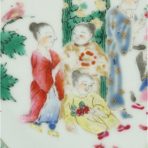 625 - Chinese porcelain plate, finely hand painted in the famille verte palette with a family by a pond wi... 