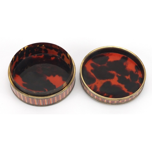 10 - 18th century French circular Vernis Martin snuff box with unmarked gold mounts and red tortoiseshell... 