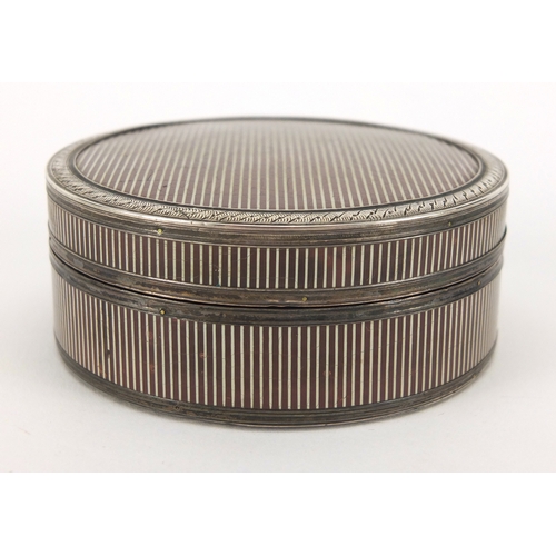 12 - 18th century French circular Vernis Martin snuff box with unmarked silver mounts and red tortoiseshe... 