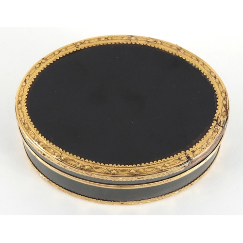 13 - 18th century French oval tortoiseshell snuff box with gold mounts, indistinct marks to the inside ri... 