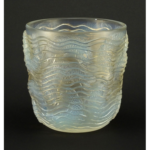 914 - René Lalique semi opalescent Dauphins glass vase, etched R Lalique France to the base, 14cm high