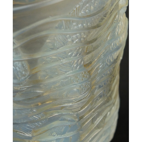 914 - René Lalique semi opalescent Dauphins glass vase, etched R Lalique France to the base, 14cm high