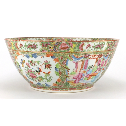 616 - Chinese porcelain Canton punch bowl, hand painted in the famille rose palette with butterflies, inse... 