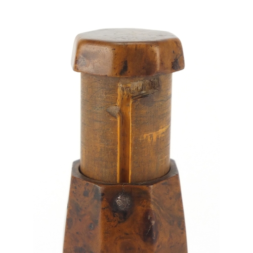 27 - 18th century yew wood snuff box in the form of a barrel, 8.5cm high